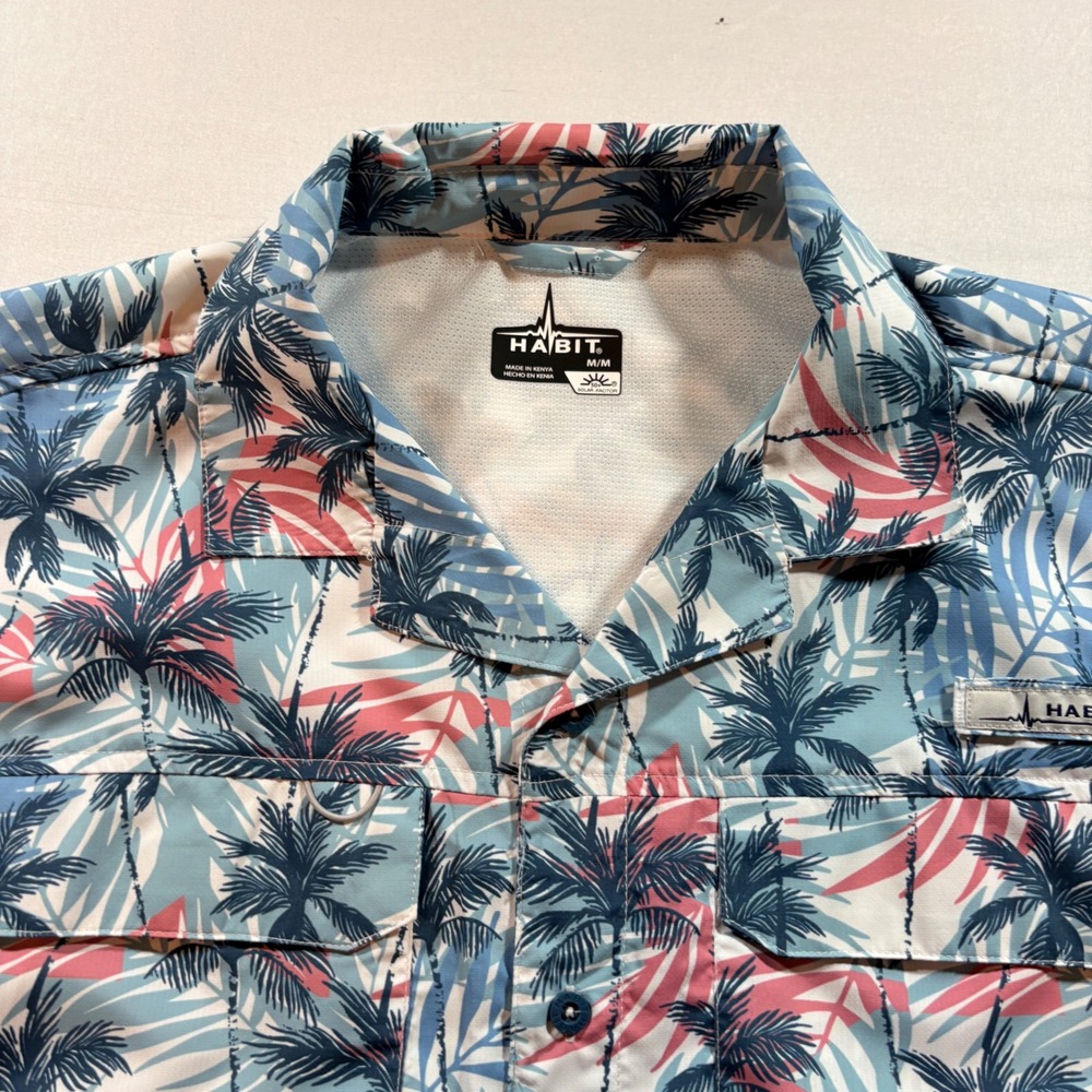Habit Fishing Shirt Mens Medium Blue Palm Tropical UPF 50 SS Button Down